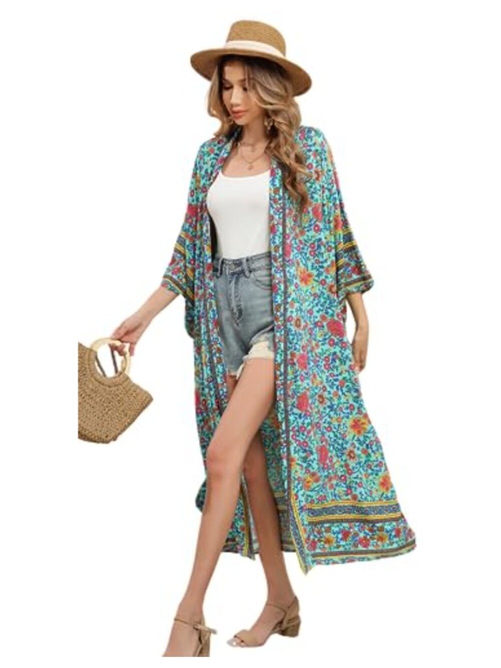Womens Vintage Floral Print Boho Kimono Cardigan Maxi Swim Cover Up Dress Wrap